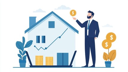 Poster - Businessman Holding Coin with House Background, Chart Growth, and Money Stacks, Representing Financial Success and Investment Opportunities