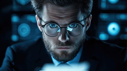 Poster - Focused businessman with glasses analyzing data in a modern office environment with digital displays and technology in the background