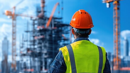 Poster - Construction Worker in Hard Hat Observing Ongoing Building Project with Cranes and Scaffolding in Urban Environment