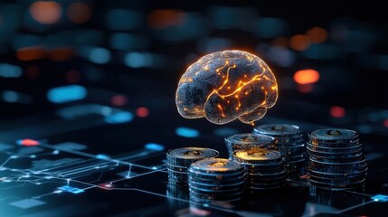 Poster - Futuristic Brain with Digital Connections Above Stacks of Coins Illustrating Concept of Artificial Intelligence and Cryptocurrency Investment Opportunities
