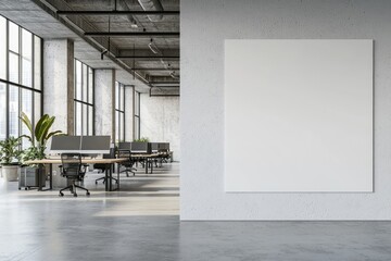 Aufkleber - Modern open office with a blank white wall, minimalist desks, industrial decor, and greenery. Ideal for branding, advertising mockups, and business workspace presentations