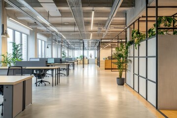 Poster - Modern open-plan office with industrial design, featuring minimalist workstations, glass partitions, and indoor plants. Ideal for corporate branding, coworking spaces, and business promotions