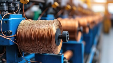 Poster - Copper Wire Coiling Machine in Industrial Manufacturing Setting with Focus on Spools of Copper Wire and Machinery Components in Factory Environment