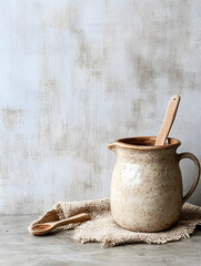 Poster - Ceramic jug with wooden spoon on textured background