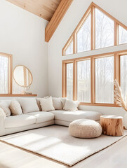 Poster - Bright, modern living room with large windows and cozy furnishings