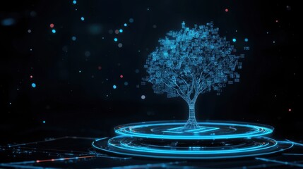 Aufkleber - Futuristic Digital Tree in Blue Neon Light Representing Technology and Nature Integration for Modern Conceptual Background