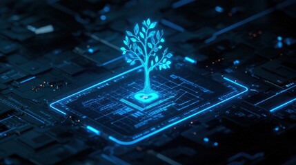 Poster - Futuristic Digital Tree Growing from Motherboard Concept Representing Nature, Technology, and Sustainability in Blooming Eco-Friendly Future