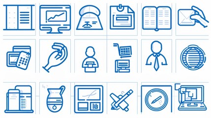 Comprehensive business management icon set featuring minimalist vector symbols in linear outline style, including office tools, data charts, team collaboration, and financial elements. Flat design col