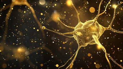 Poster - golden neuron surrounded by glowing particles and bokeh effects in a dark background representing ne