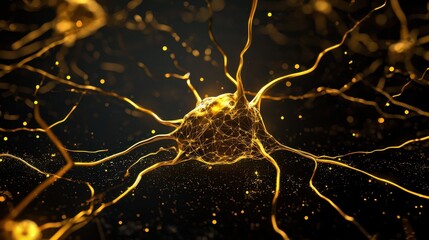 Aufkleber - Microscopic View of Neuron Cell with Glowing Network of Golden Filaments and Particles Against Dark Background in an Abstract Scientific Illustration
