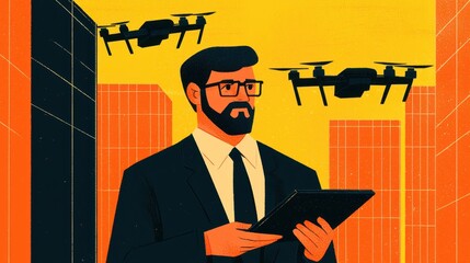 Poster - Law restriction limitation audit concept. A businessman in a suit holds a tablet, overseeing drones flying in an urban setting with a vibrant, geometric backdrop.