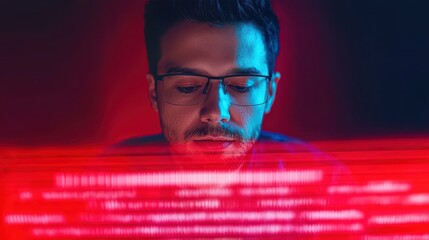 Poster - A focused individual in glasses analyzes data on a screen illuminated by red light, suggesting a high-tech or digital environment.