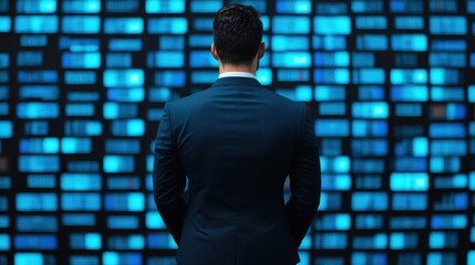 Poster - Law restriction limitation audit concept. A suited individual stands before a vibrant digital display, conveying a sense of focus and contemplation in a technology-driven environment.