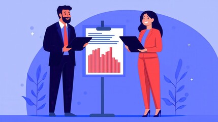 Poster - A professional scene featuring two individuals discussing a chart, showcasing teamwork and business analysis in a modern, colorful environment.
