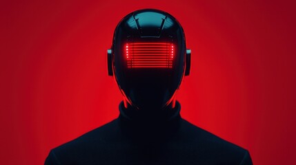 Poster - A futuristic robot figure with a glowing red visor stands against a vivid red background, exuding a sci-fi aesthetic.