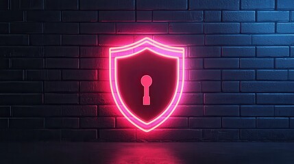 Poster - Law restriction limitation audit concept. A neon shield emblem with a keyhole glows against a dark brick wall, symbolizing security and protection.