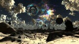 Cosmic Desert Landscape with Vibrant Nebula and Glowing Planets