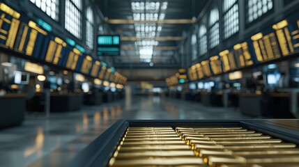 Aufkleber - Golden bars on display in a modern trading hall with stock exchange screens and vibrant lighting creating an economic atmosphere of wealth and investment opportunities