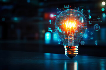 Poster - A mesmerizing digital light bulb surrounded by glowing data and technology symbols, representing the fusion of creativity and innovation in the digital age.
