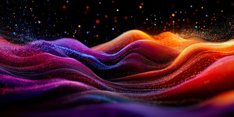 Poster - A mesmerizing abstract landscape featuring flowing waves of vibrant colors, interspersed with shimmering particles, creating a dreamlike atmosphere that evokes a sense of tranquility and wonder.