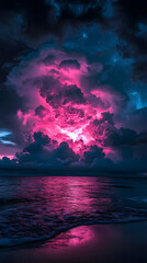 Wall Mural - Majestic dark blue horizon exploding into waves of electric pink radiance with drifting cloud formations below