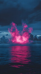 Wall Mural - Majestic dark blue horizon exploding into waves of electric pink radiance with drifting cloud formations below