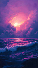 Wall Mural - Majestic dark blue horizon exploding into waves of electric pink radiance with drifting cloud formations below