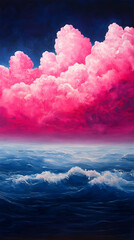 Wall Mural - Majestic dark blue horizon exploding into waves of electric pink radiance with drifting cloud formations below