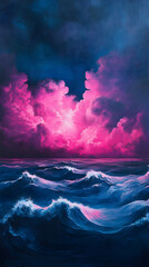Wall Mural - Majestic dark blue horizon exploding into waves of electric pink radiance with drifting cloud formations below