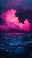 Wall Mural - Majestic dark blue horizon exploding into waves of electric pink radiance with drifting cloud formations below