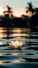Wall Mural - Beautiful white lotus flower floating on tranquil water at sunset with warm reflections