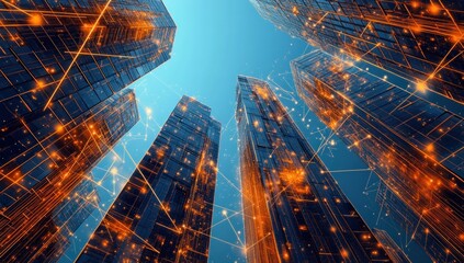 Aufkleber - low angle view of futuristic skyscrapers connected by glowing network lines.