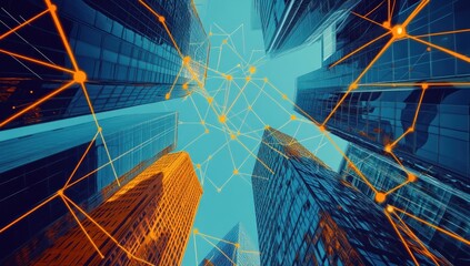 Poster - Low angle view of skyscrapers connected by network lines.