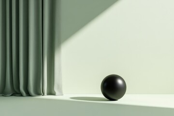 Fototapete - A simple room with curtains and a singular dark sphere