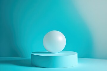 Fototapete - A white sphere rests on a cyan colored round pedestal