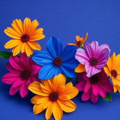 generative ai colorful flowers on blue background flowers daisies blue background yellow orange pink