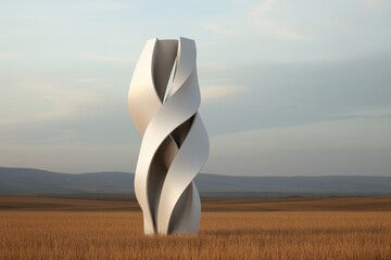 Poster - Dynamic twisted sculpture in serene field modern art nature landscape elegant design perspective