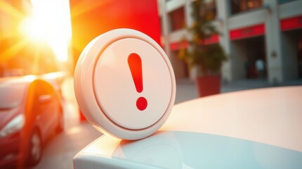 Poster - A prominent alert symbol stands out on a car, warning of potential hazards in a sunlit urban setting.
