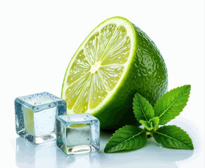 Wall Mural - Refreshing lime slice with mint and ice cubes on white