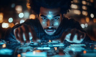 Poster - Focused coder interacts with digital interface at night