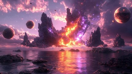 Wall Mural - Vibrant Cosmic Landscape Featuring Ethereal Light and Floating Celestial Bodies in Space