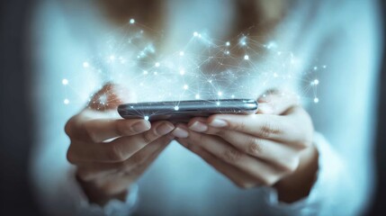 Poster - Woman holding phone with glowing network overlay