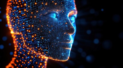Poster - Digital face, glowing code, futuristic background, profile view