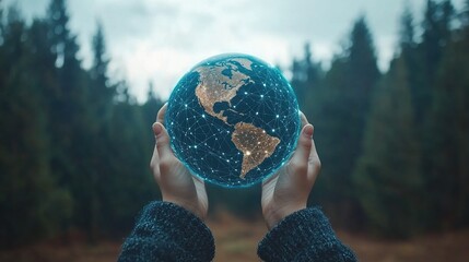 Poster - Hands holding digital Earth globe in forest, global connectivity, environmental awareness