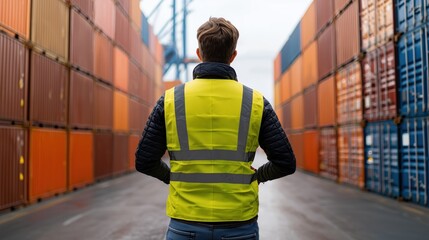 Poster - Industrial Worker Observing Container Ship Operations in Logistics Yard Surrounded by Stacked Freight Containers