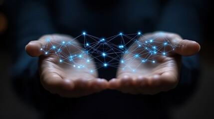 Poster - Hands holding digital network, connection concept, dark background