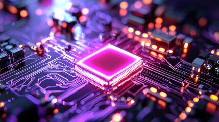 Fototapete - vibrant microchip on circuit board with glowing connections and intricate patterns, showcasing advanced technology and innovation