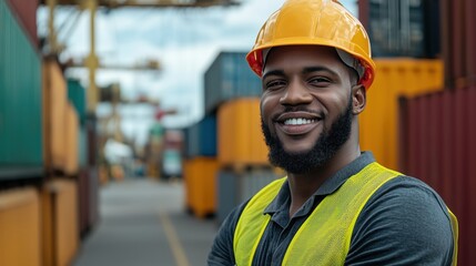 Poster - Smiling Man in Safety Gear at Shipping Yard Surrounded by Colorful Cargo Containers, Representing Logistics and Freight Operations