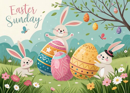 Happy Easter Sunday Poster, Artwork Easter Bunnies with a Big Easter Egg, Ringing a Gold Bell, Easter Greetings with Sunbeam