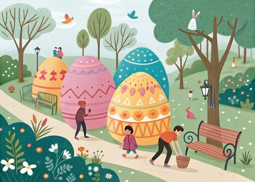 Happy Easter Sunday Poster, Artwork Easter Bunnies with a Big Easter Egg, Ringing a Gold Bell, Easter Greetings with Sunbeam